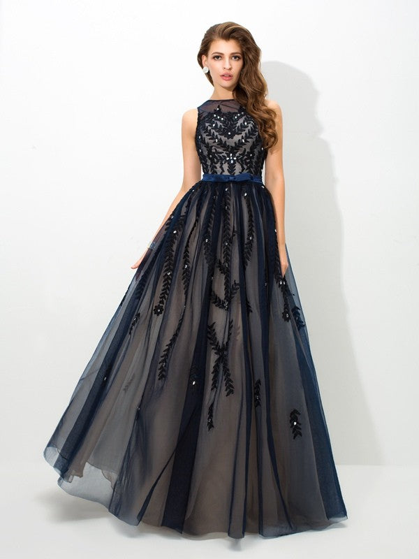 Vestidos largos de tul con escote transparente, sin mangas, corte A/princesa