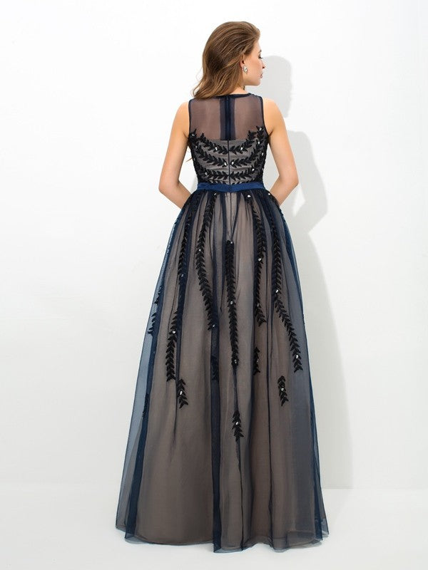 Vestidos largos de tul con escote transparente, sin mangas, corte A/princesa
