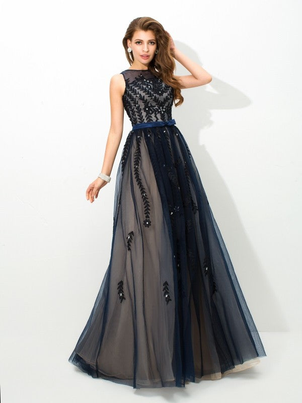 Vestidos largos de tul con escote transparente, sin mangas, corte A/princesa