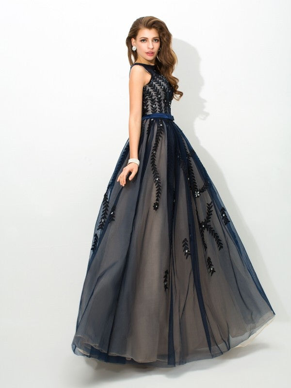 Vestidos largos de tul con escote transparente, sin mangas, corte A/princesa