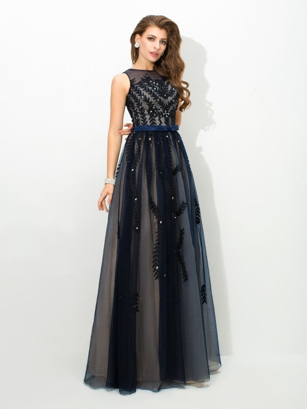 Vestidos largos de tul con escote transparente, sin mangas, corte A/princesa