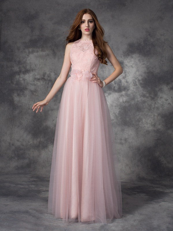 Blushing Pink Tulle A-Line Floor-Length Bridesmaid Dress