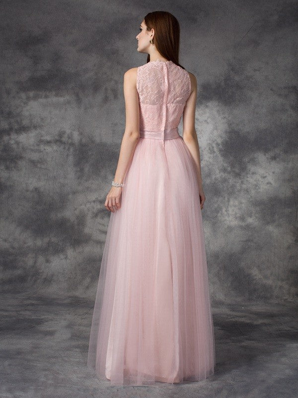 Vestidos largos de red sin mangas con flores hechas a mano, corte A/Princesa Barco