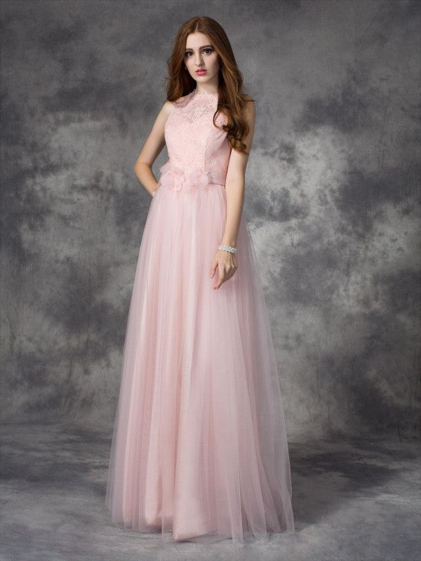 Blushing Pink Tulle A-Line Floor-Length Bridesmaid Dress