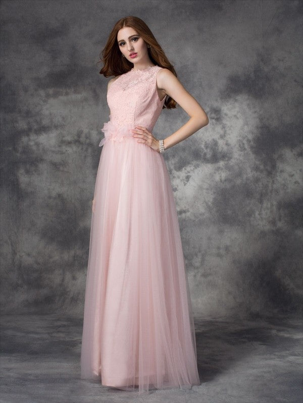 Blushing Pink Tulle A-Line Floor-Length Bridesmaid Dress