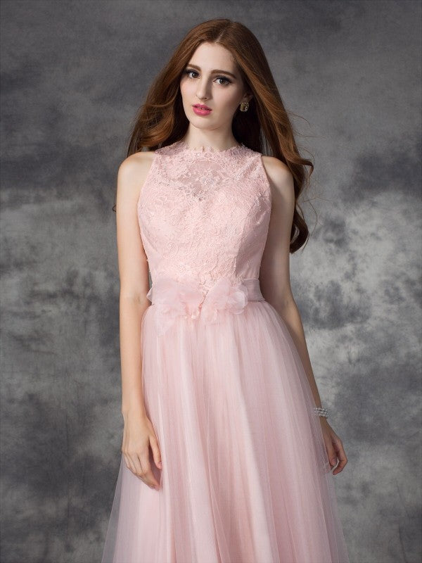 Blushing Pink Tulle A-Line Floor-Length Bridesmaid Dress