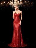 Red Sequin Mermaid Floor-Length Evening Dress with Sweetheart Neckline