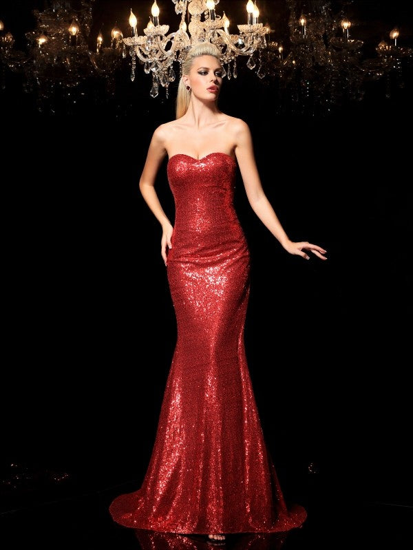 Red Sequin Mermaid Floor-Length Evening Dress with Sweetheart Neckline