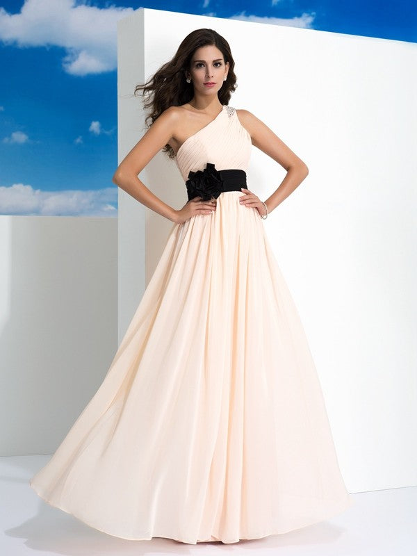 Blushing Pink Chiffon One Shoulder A-Line Floor-Length Evening Dress