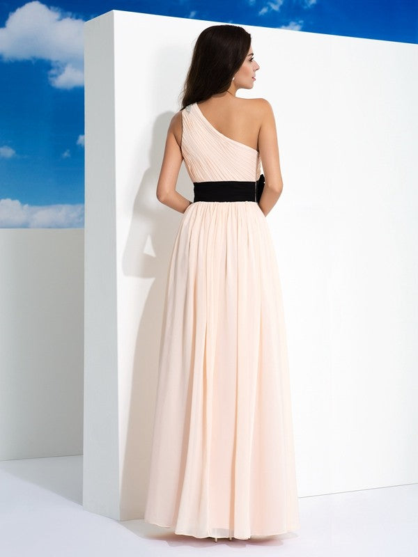 Blushing Pink Chiffon One Shoulder A-Line Floor-Length Evening Dress