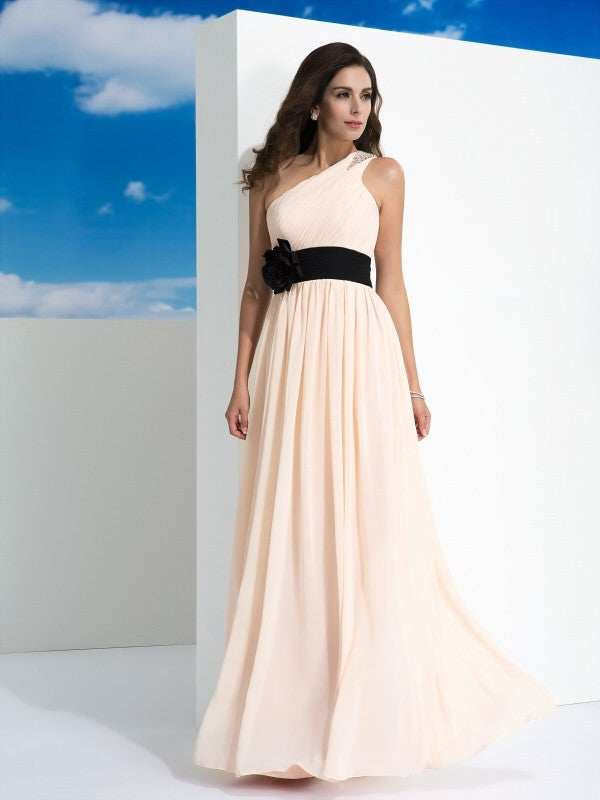 Blushing Pink Chiffon One Shoulder A-Line Floor-Length Evening Dress