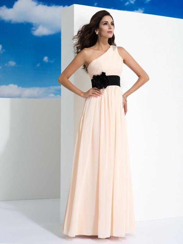 Blushing Pink Chiffon One Shoulder A-Line Floor-Length Evening Dress