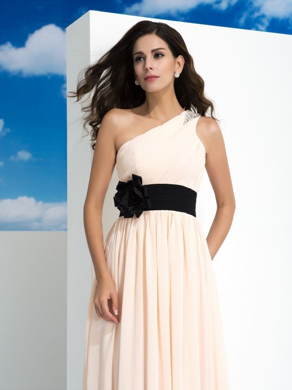 Blushing Pink Chiffon One Shoulder A-Line Floor-Length Evening Dress