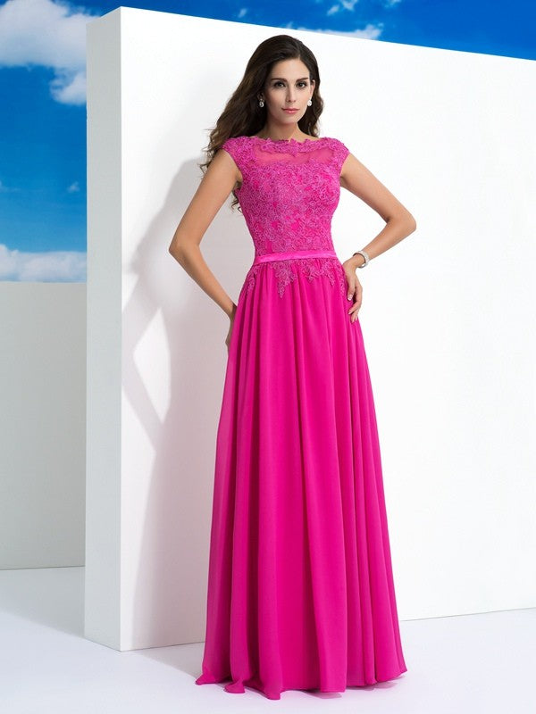 Vestidos largos de gasa sin mangas con encaje y cuello transparente de corte A/princesa