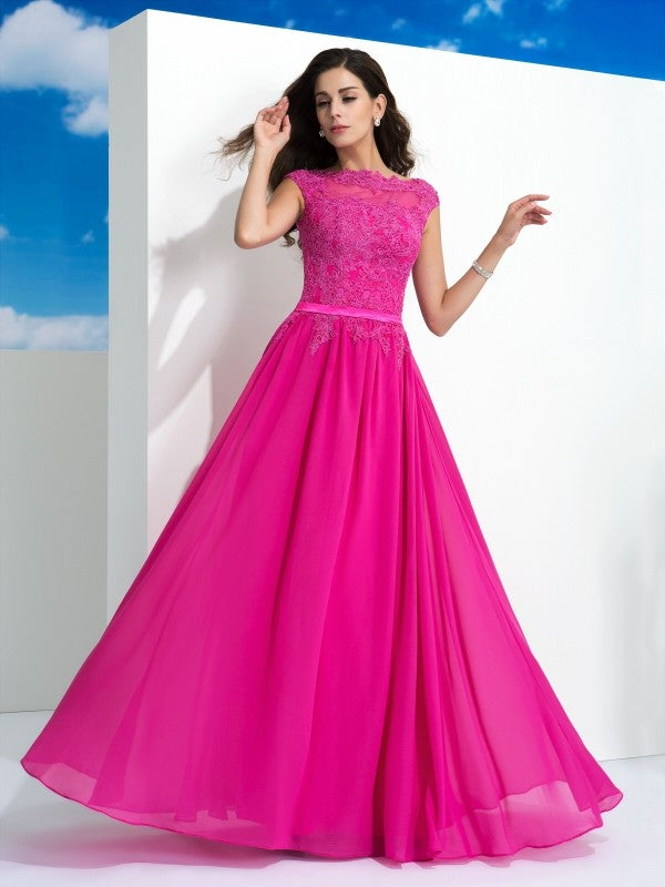 Vestidos largos de gasa sin mangas con encaje y cuello transparente de corte A/princesa