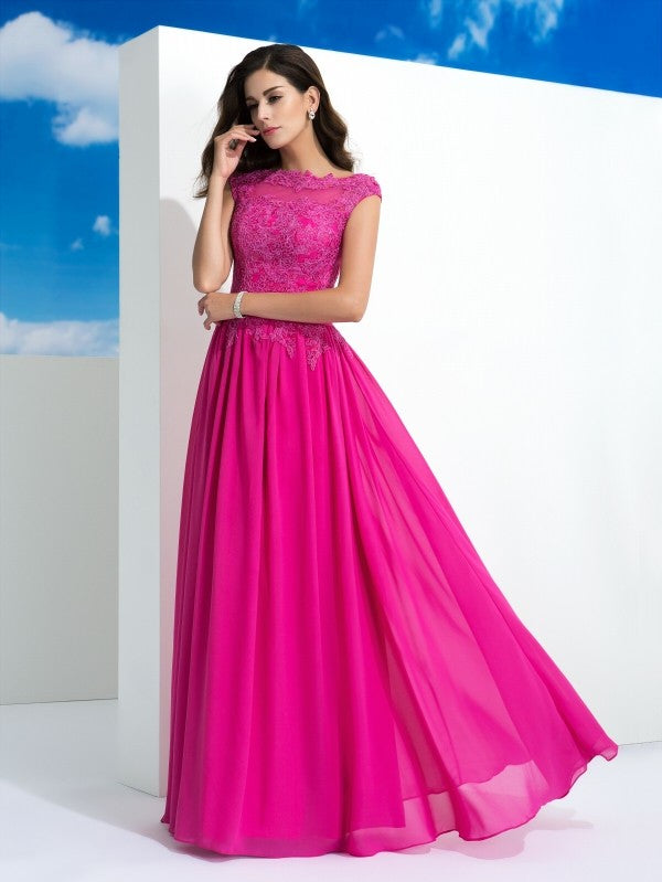 Pink Chiffon A-Line Floor-Length Bridesmaid Dress with Lace Bodice