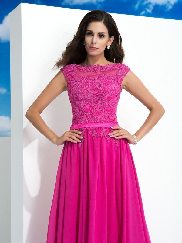 Vestidos largos de gasa sin mangas con encaje y cuello transparente de corte A/princesa