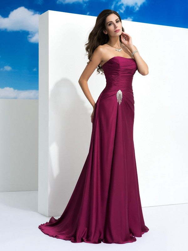 Burgundy Satin Sweetheart Sheath/column Floor-Length Dress with Ruched Bodice
