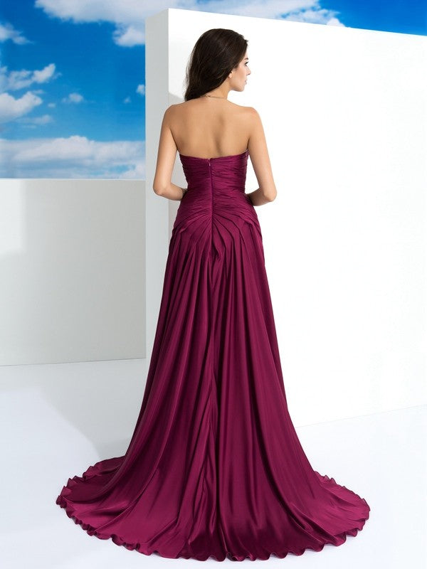 Burgundy Satin Sweetheart Sheath/column Floor-Length Dress with Ruched Bodice