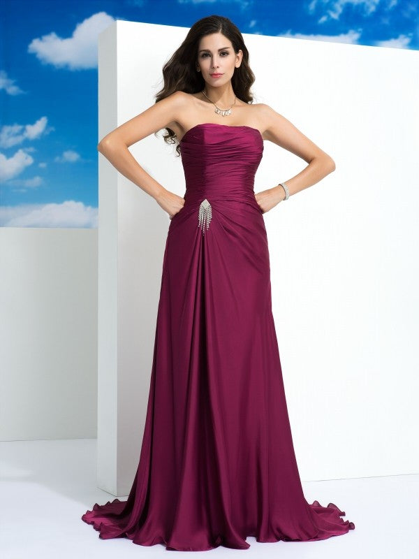 Burgundy Satin Sweetheart Sheath/column Floor-Length Dress with Ruched Bodice