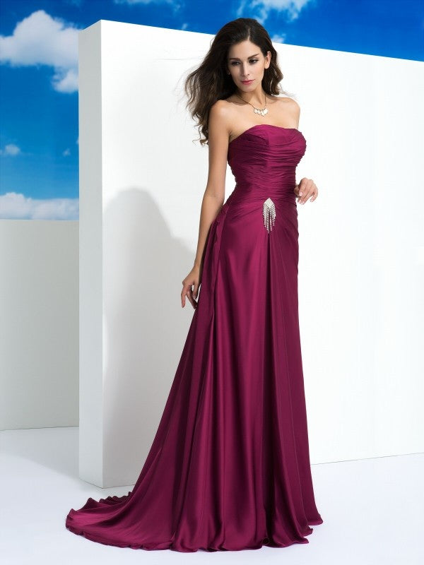 Burgundy Satin Sweetheart Sheath/column Floor-Length Dress with Ruched Bodice