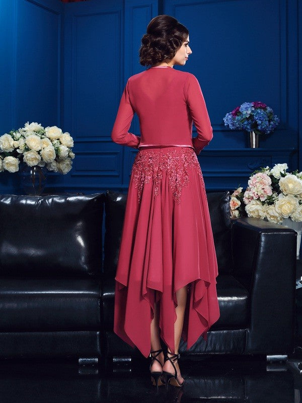 Vestidos de madre de la novia de gasa con corte A/princesa, escote en V, apliques, sin mangas, corte alto y bajo