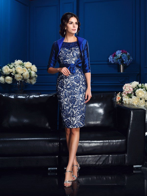 Abiti da sposa corti in taffetà con maniche a 1/2, scollo a V, fiocco e tubino