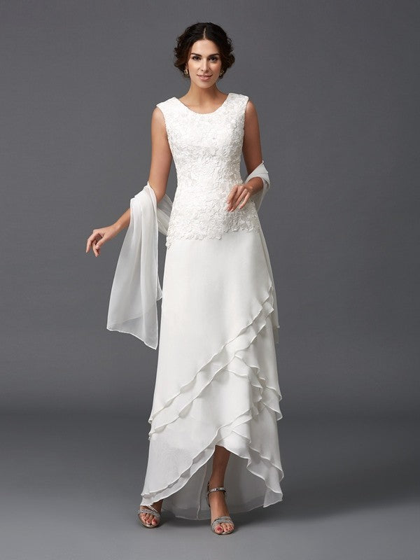 Ivory Chiffon A-Line Asymmetrical Evening Dress with Lace Bodice & Ruffled High-Low Skirt