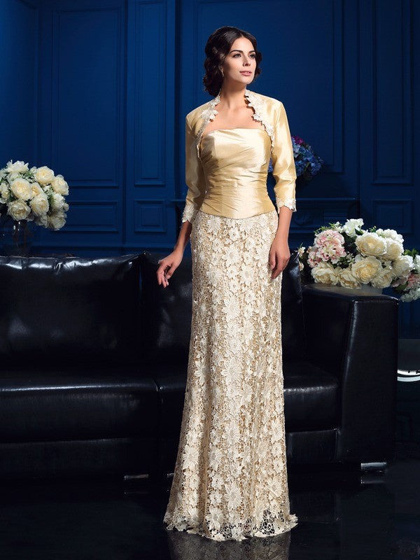 Champagne Satin and Lace Sheath/column Floor-Length Dress with Straight Neck & Back Zip