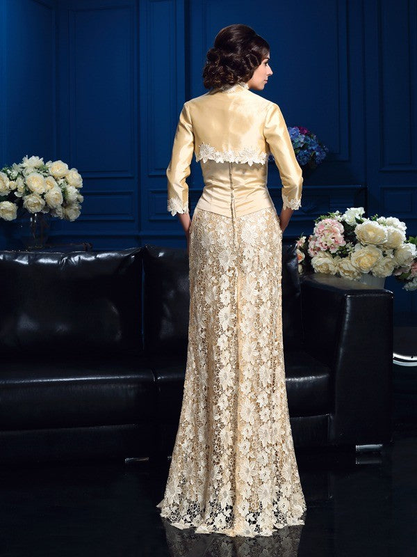 Champagne Satin and Lace Sheath/column Floor-Length Dress with Straight Neck & Back Zip