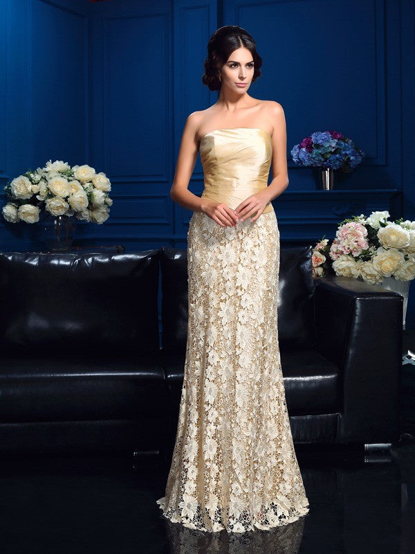 Champagne Satin and Lace Sheath/column Floor-Length Dress with Straight Neck & Back Zip