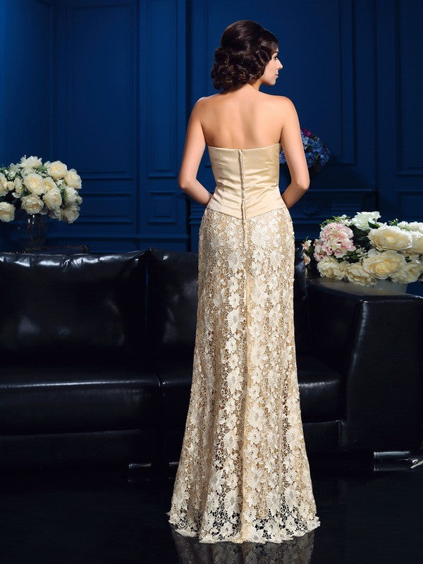 Champagne Satin and Lace Sheath/column Floor-Length Dress with Straight Neck & Back Zip