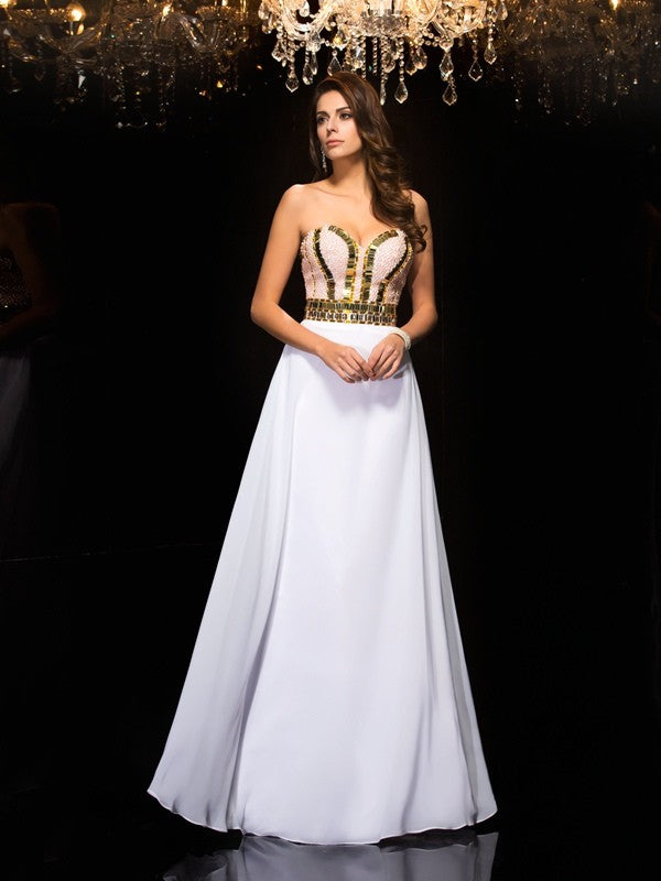 White Chiffon A-Line Floor-Length Evening Dress with Embellished Sweetheart Neckline