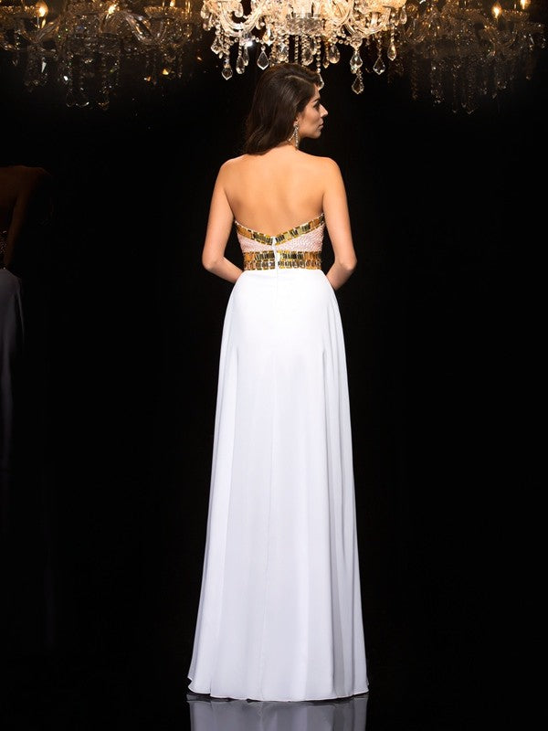 Vestidos largos de gasa sin mangas con lentejuelas y escote corazón de corte A/princesa