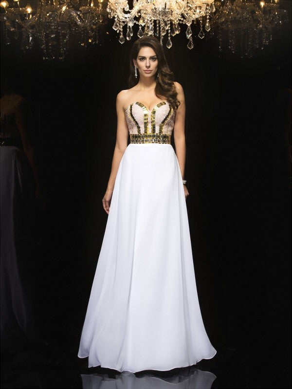 White Chiffon A-Line Floor-Length Evening Dress with Embellished Sweetheart Neckline
