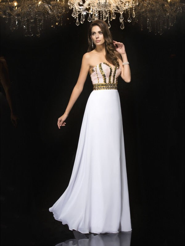 White Chiffon A-Line Floor-Length Evening Dress with Embellished Sweetheart Neckline