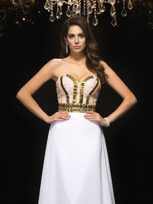 White Chiffon A-Line Floor-Length Evening Dress with Embellished Sweetheart Neckline