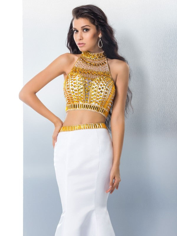 Trumpet/Mermaid High Neck Beading Sleeveless Long Satin Dresses