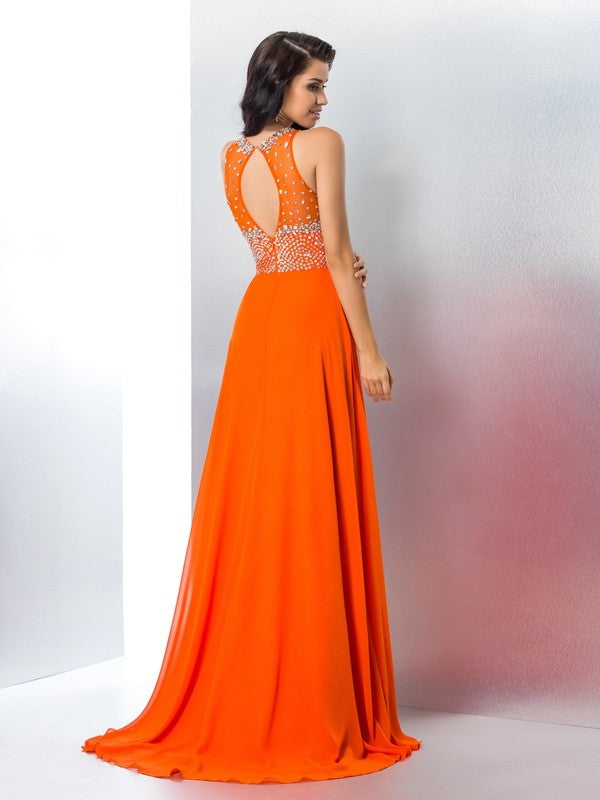 Trumpet/Mermaid Scoop Beading Sleeveless Long Chiffon Dresses