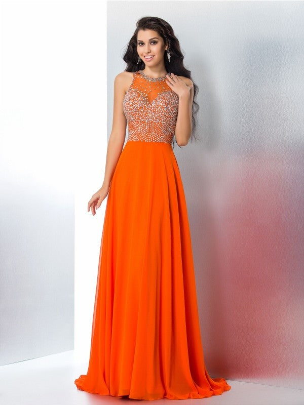 Trumpet/Mermaid Scoop Beading Sleeveless Long Chiffon Dresses