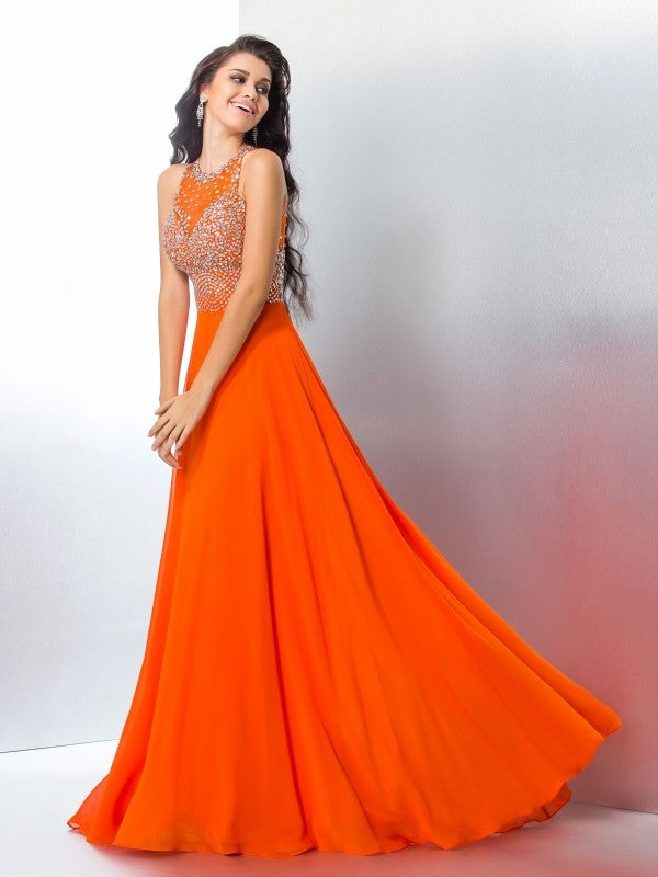 Trumpet/Mermaid Scoop Beading Sleeveless Long Chiffon Dresses