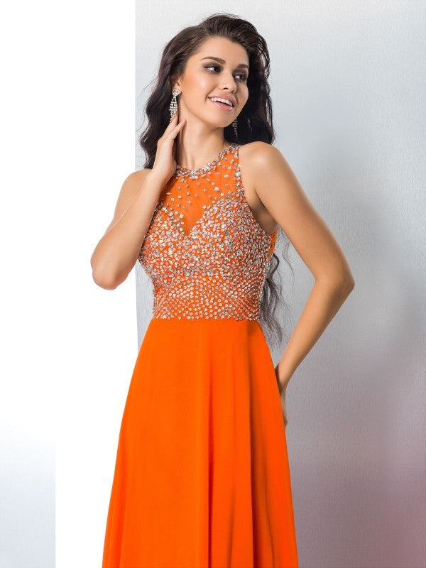 Trumpet/Mermaid Scoop Beading Sleeveless Long Chiffon Dresses