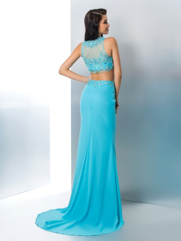 Blue Chiffon & Crepe Mermaid Floor-Length Dress with Embellished Crop Top & High Slit Skirt