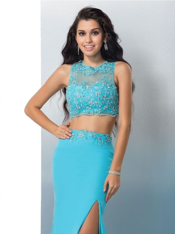Blue Chiffon & Crepe Mermaid Floor-Length Dress with Embellished Crop Top & High Slit Skirt
