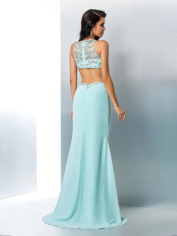 Trumpet/Mermaid Scoop Beading Sleeveless Long Chiffon Two Piece Dresses