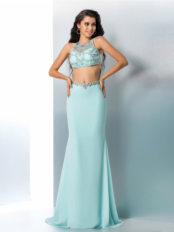 Trumpet/Mermaid Scoop Beading Sleeveless Long Chiffon Two Piece Dresses