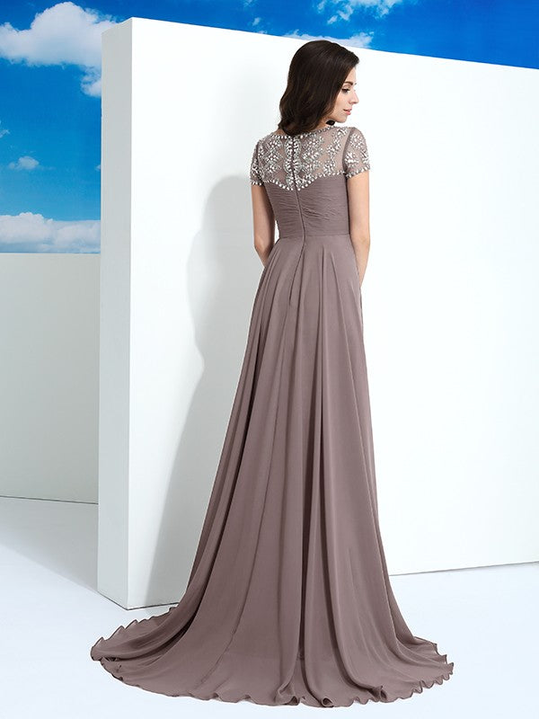 Vestidos largos de gasa de corte A/princesa, cuello transparente, mangas cortas y abalorios