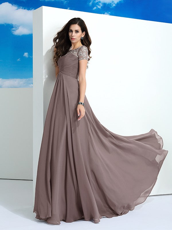 Mocha Chiffon A-Line Floor-Length Evening Dress - Prom & Bridesmaid Gown