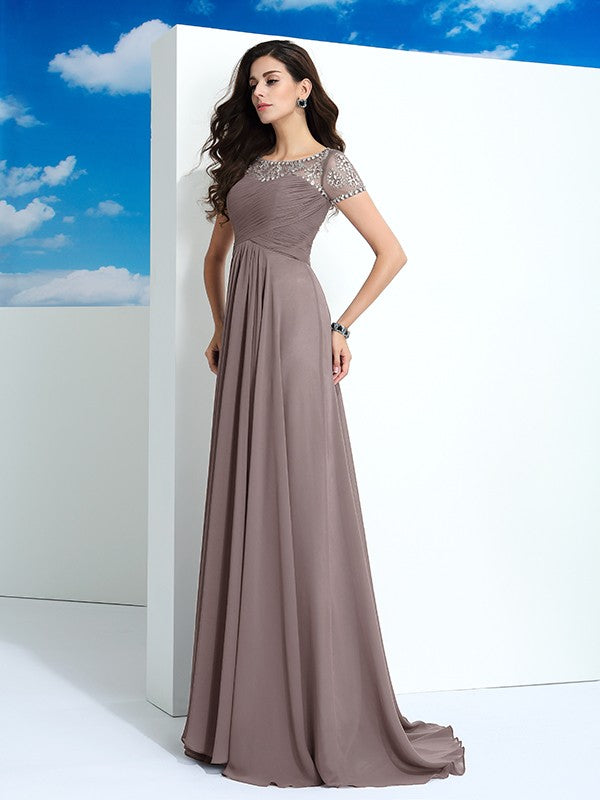 Vestidos largos de gasa de corte A/princesa, cuello transparente, mangas cortas y abalorios