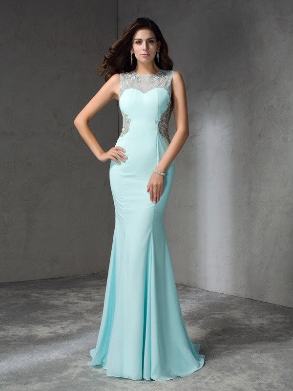 Vestidos largos de gasa sin mangas con cuentas y joya de corte trompeta/sirena